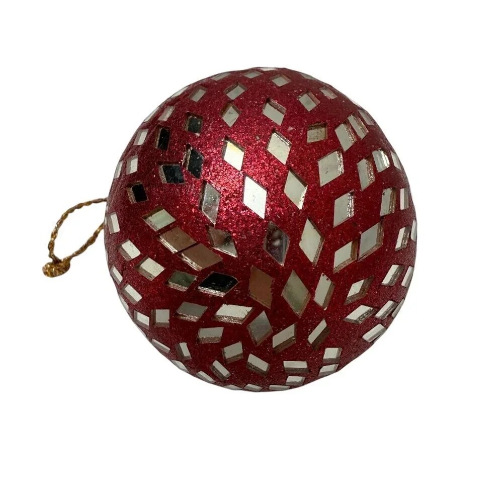 Vintage Indian Beaded Mirror Ball Christmas Ornament Boho Hippie Red Blue Gold